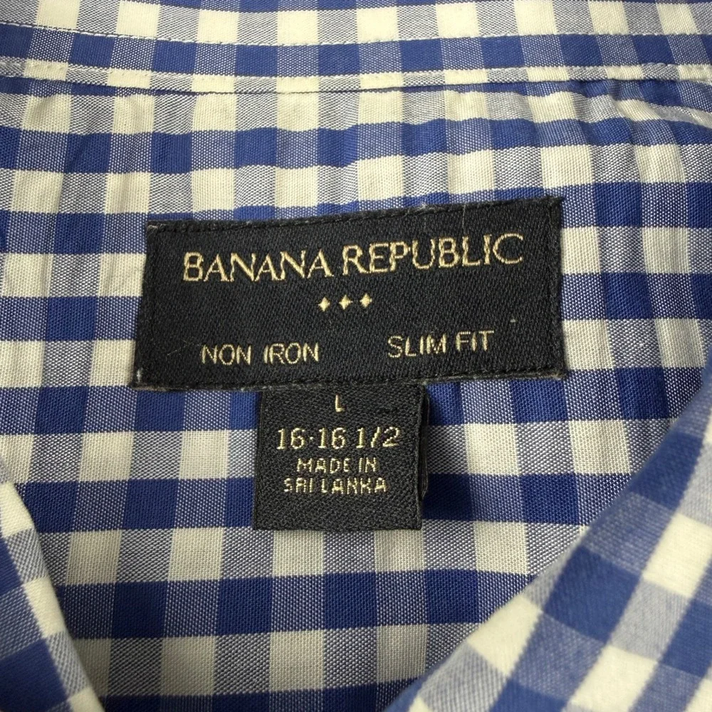 Banana Republic Shirt Men's L 16 16.5 Blue Gingham Check Plaid Non Iron Slim Fit